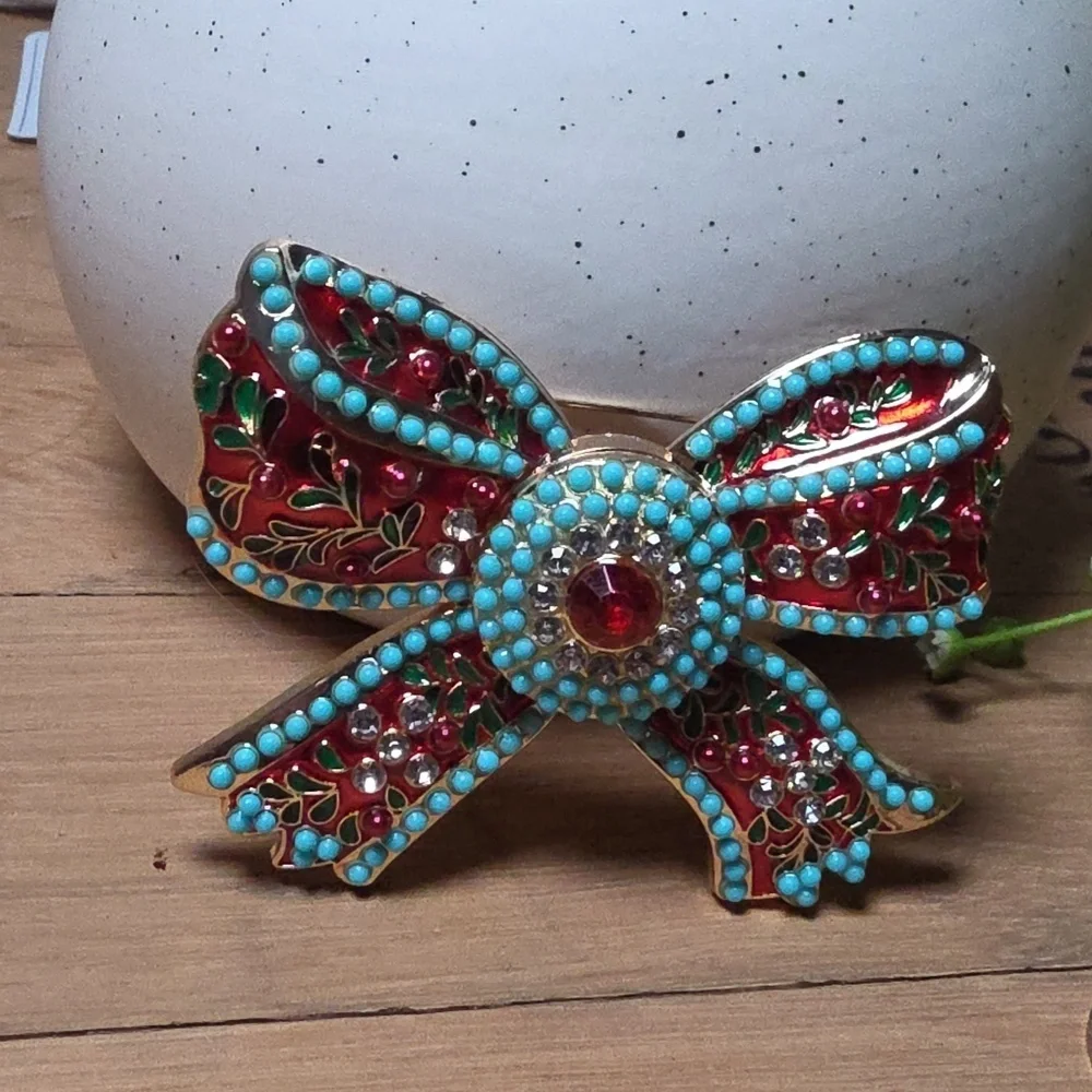 Anthropologie Red and Turquoise Bow Brooch